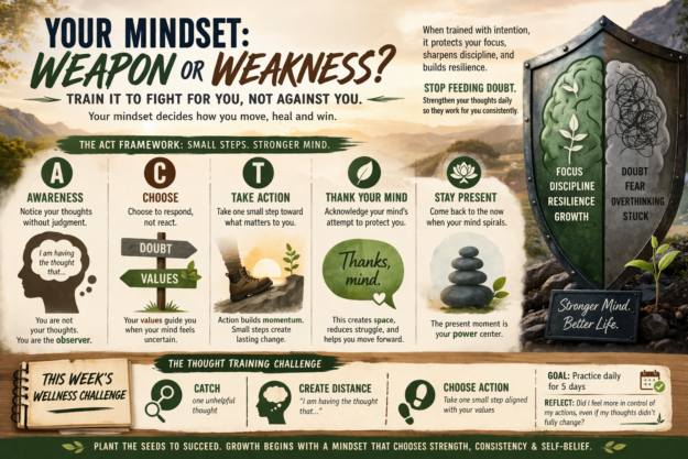 Mindset_ strength or weakness_ (1) Mindset training infographic focused on mental resilience, self-awareness, and personal growth using ACT-based wellness strategies. The graphic features motivational messaging about turning your mindset into a weapon instead of a weakness, with sections on awareness, choosing values over doubt, taking action, thanking your mind, and staying present. Visual elements include a shield symbolizing focus and resilience versus fear and overthinking, calming nature scenery, mindfulness icons, and a wellness challenge encouraging daily thought training and intentional growth.