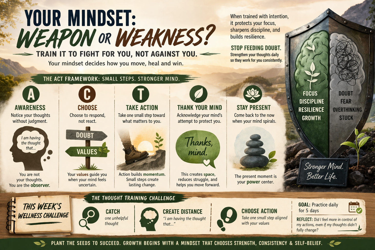Mindset training infographic focused on mental resilience, self-awareness, and personal growth using ACT-based wellness strategies. The graphic features motivational messaging about turning your mindset into a weapon instead of a weakness, with sections on awareness, choosing values over doubt, taking action, thanking your mind, and staying present. Visual elements include a shield symbolizing focus and resilience versus fear and overthinking, calming nature scenery, mindfulness icons, and a wellness challenge encouraging daily thought training and intentional growth.