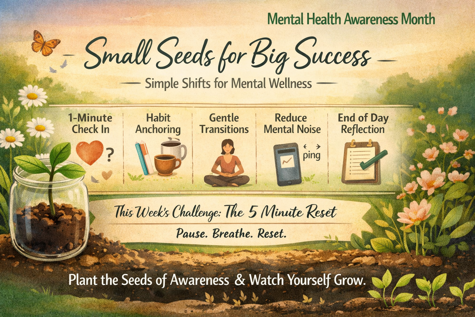 Mental Health Awareness Month - small daily wellness habits and mindfulness practices titled Small Seeds for Big Success