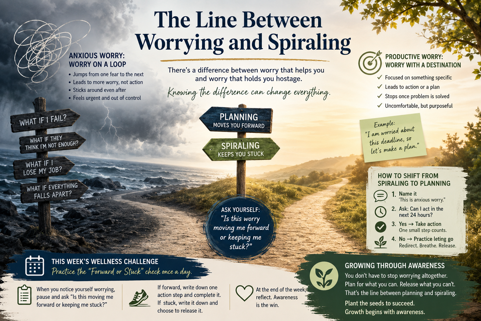 The Line Between Worrying and Spiraling Therapy and mental wellness infographic explaining the difference between productive worry and anxious spiraling. Designed for individuals struggling with anxiety, overthinking, stress, and racing thoughts, the graphic illustrates how counseling can help identify unhelpful thought patterns, develop coping strategies, and build healthier responses to worry. Features practical tools for shifting from feeling stuck and overwhelmed to taking purposeful action, supporting emotional resilience, self-awareness, and improved mental health.